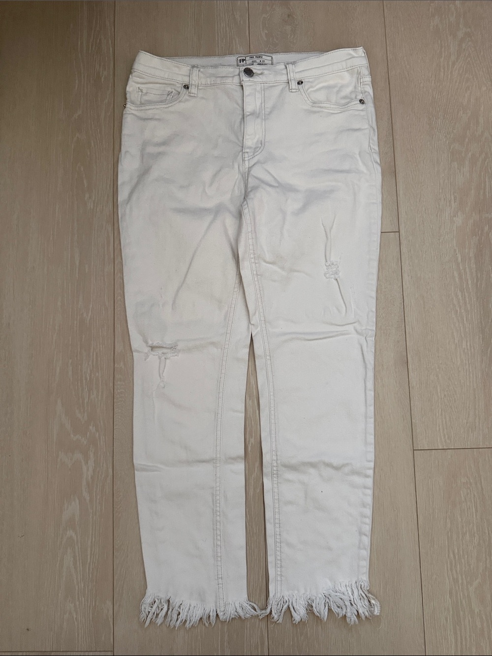 Free People White Slim Straight Jeans with Frayed Hem